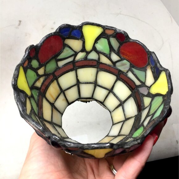 Beautiful Stained Glass Lamp Shade with Scalloped Top Edge & Inlaid Fruit Design - Picture 5 of 11